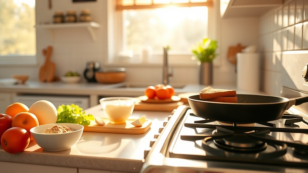 A sunny kitchen with a prep surface ready for making breakfast.