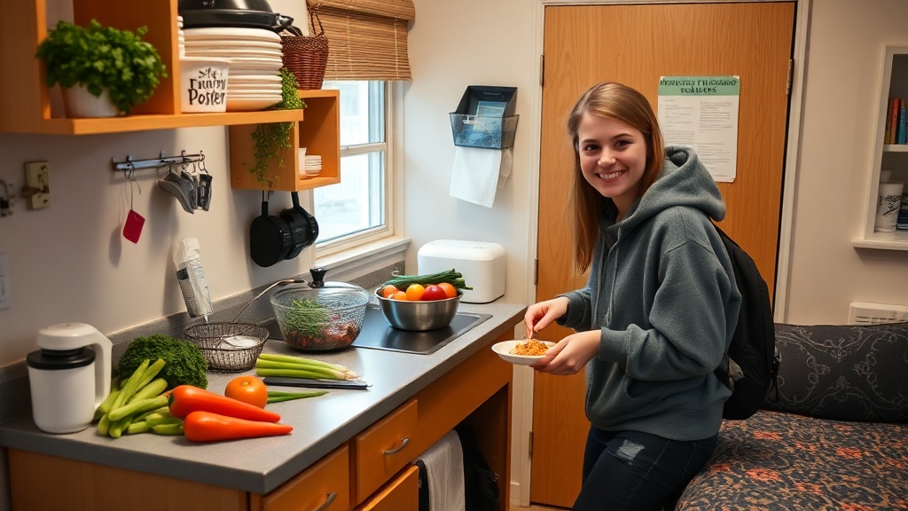 Student cooking in a tidy dorm kitchen