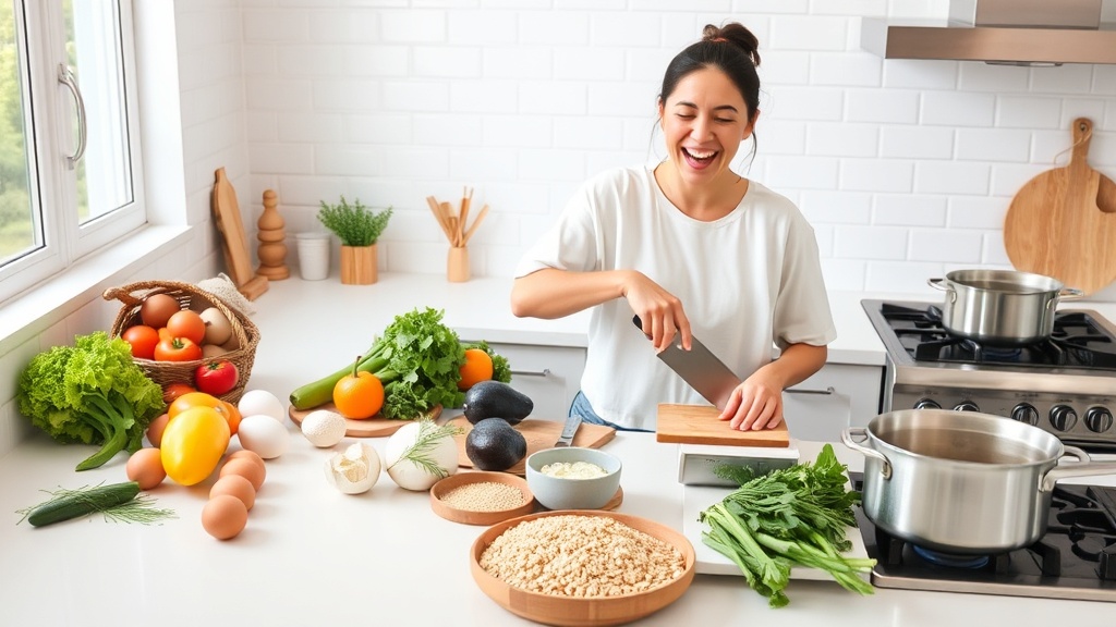 A joyful home cook preparing fresh ingredients in a bright kitchen