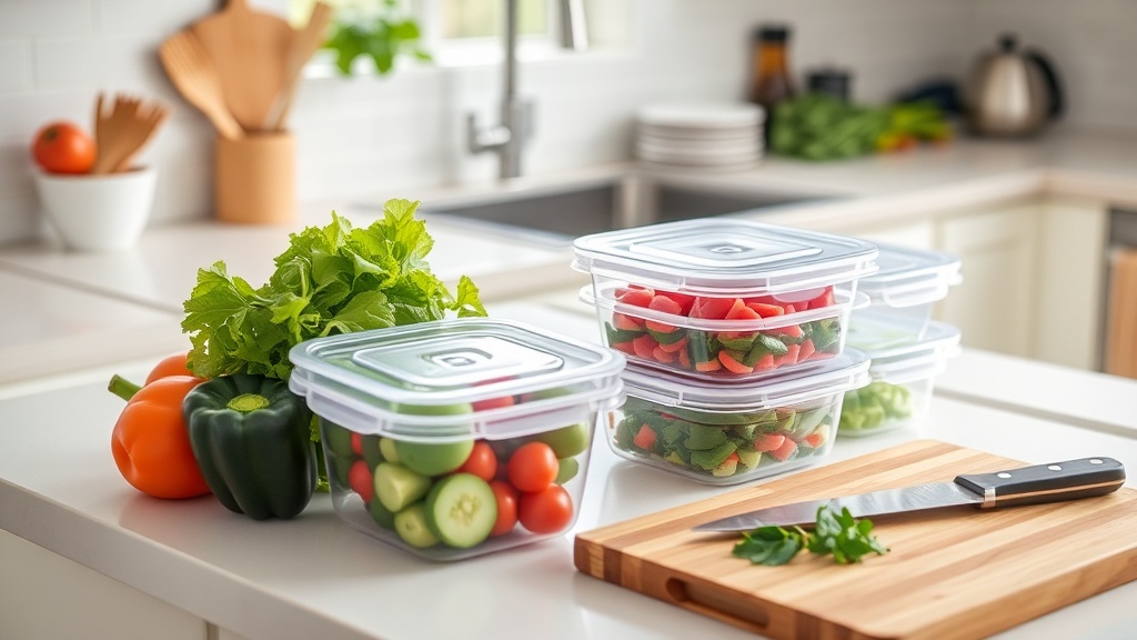 Organized kitchen countertop with fresh ingredients for meal prep