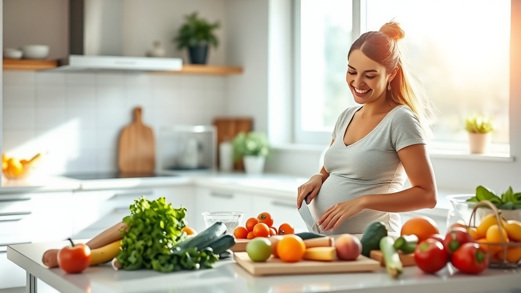 Pregnant woman meal prepping in a bright kitchen