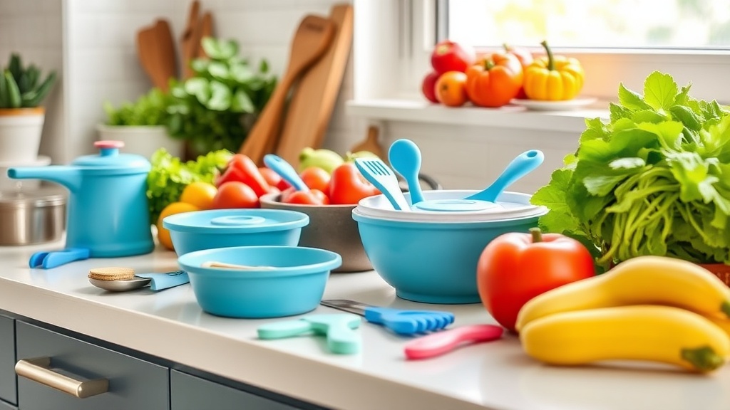 Organized kitchen countertop with fresh ingredients for toddler meal prep