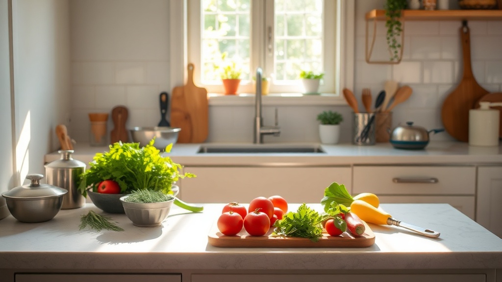 Bright kitchen with organized prep surface and fresh ingredients