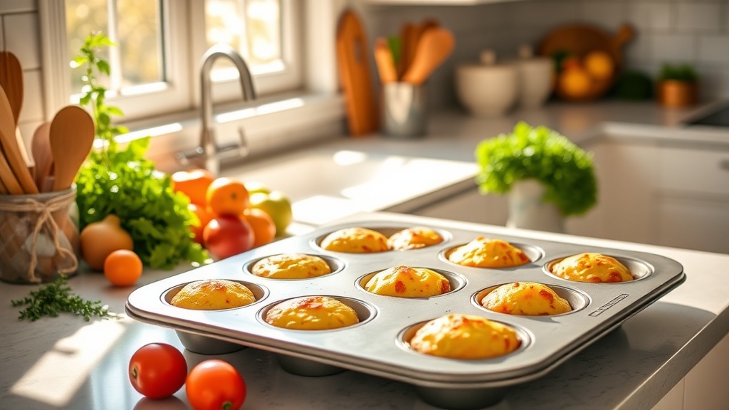 Freshly baked egg muffins on a kitchen countertop with vegetables and herbs