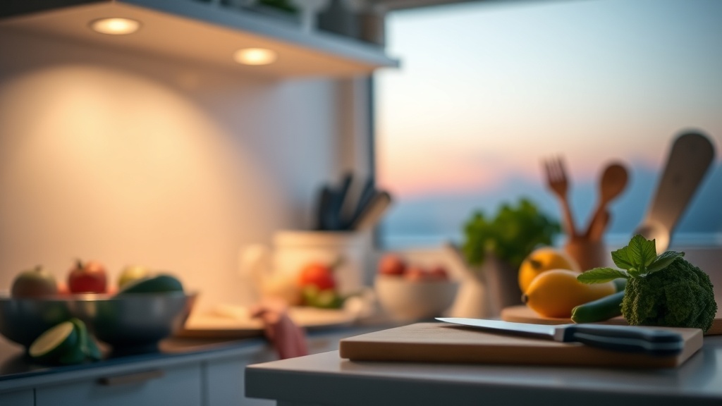 Calm kitchen scene with organized meal prep ingredients