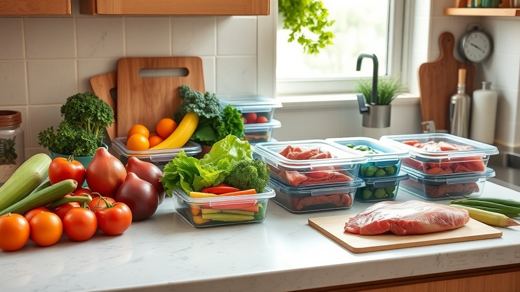 Organized kitchen countertop with fresh ingredients for meal prep